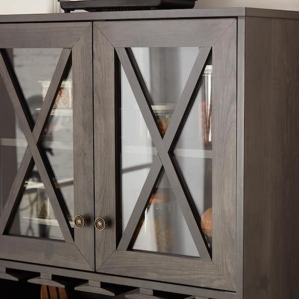 FUNKOL 26.89inx15.87inx67.3in Charcoal Gray Minimalist MDF Ready to Assemble Kitchen Cabinet with Wine Rack and 2 Glass Doors