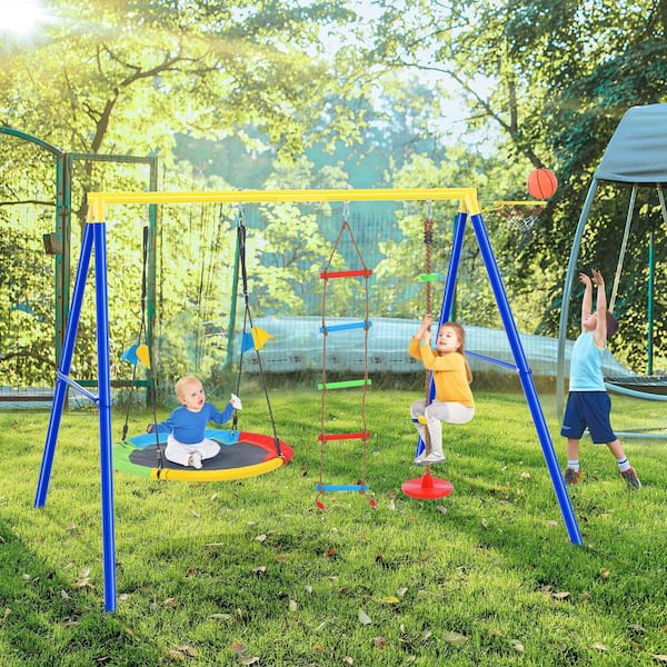 TIRAMISUBEST MSXY296182AAA 4 in 1 Outdoor Swing Set with Climbing Ladder and Basketball Hoop for Kids - 3