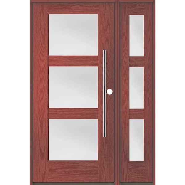 Krosswood Doors Modern Faux Pivot 50 in. x 80 in. 3-Lite Left-Hand/Inswing Satin Glass Redwood Stain Fiberglass Prehung Front Door w/RSL