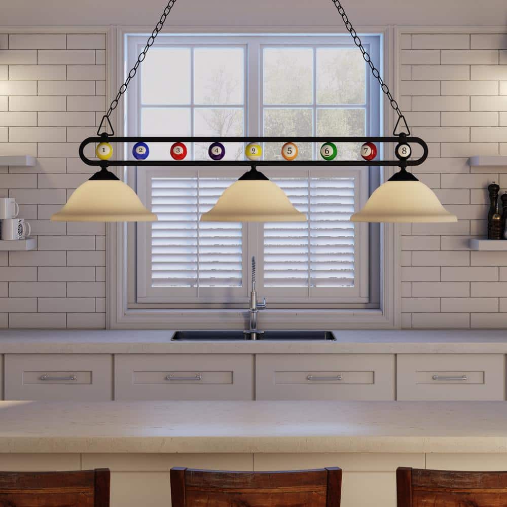 Matte Black 3-Light Billiard Island Pendant with Alabaster Swirl Glass
