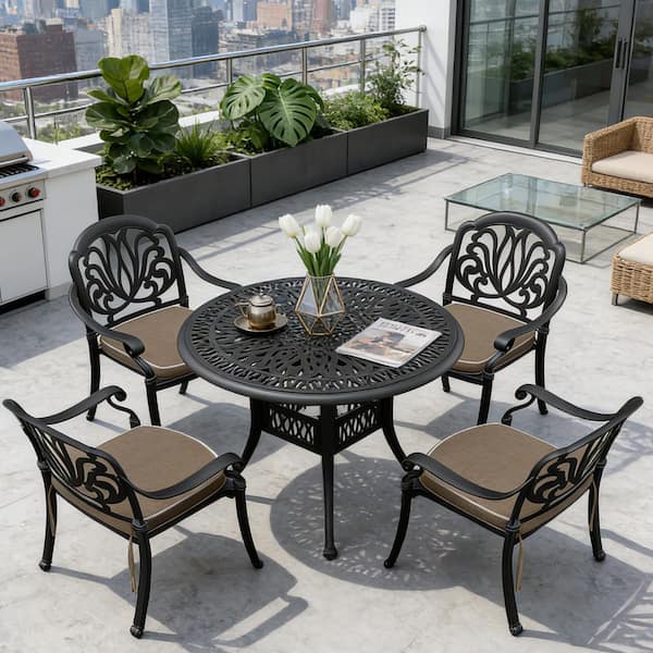 5-Piece Black Cast Aluminum Patio Outdoor Dining Set with Round Table and 4 Chairs with Brown Cushions