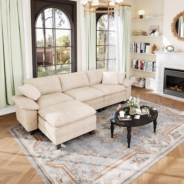 123.6 in. Flared Arm 4-Seat Chenille Modular Sectional Sofa in. Beige with Throw Pillows and Ottoman for Living Room