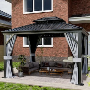 10 ft. x 12 ft. Wider Beams Aluminum Double Galvanized Steel Roof Gazebo with Hook, Mosquito Netting and Curtains