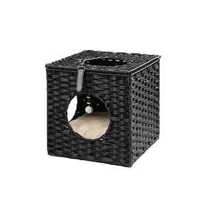 Black Rattan Cat Litter; Cat Bed with Rattan Ball and Cushion
