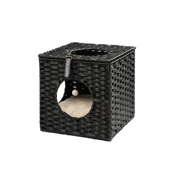 Amucolo Black Rattan Cat Litter; Cat Bed with Rattan Ball and Cushion