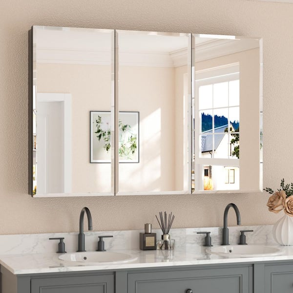 48 in. W x 32 in. H Rectangular Beveled Frameless Metal Black Surface Mount/Recessed Medicine Cabinet with Mirror