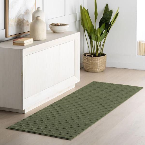 Alaiya Checkered Machine Washable Green 3 ft. x 8 ft. Modern Runner Rug