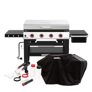 Daytona 4-Burner Propane Gas Grill 36 in. Black with Cover and 7-Pieces Starter Set Bundle