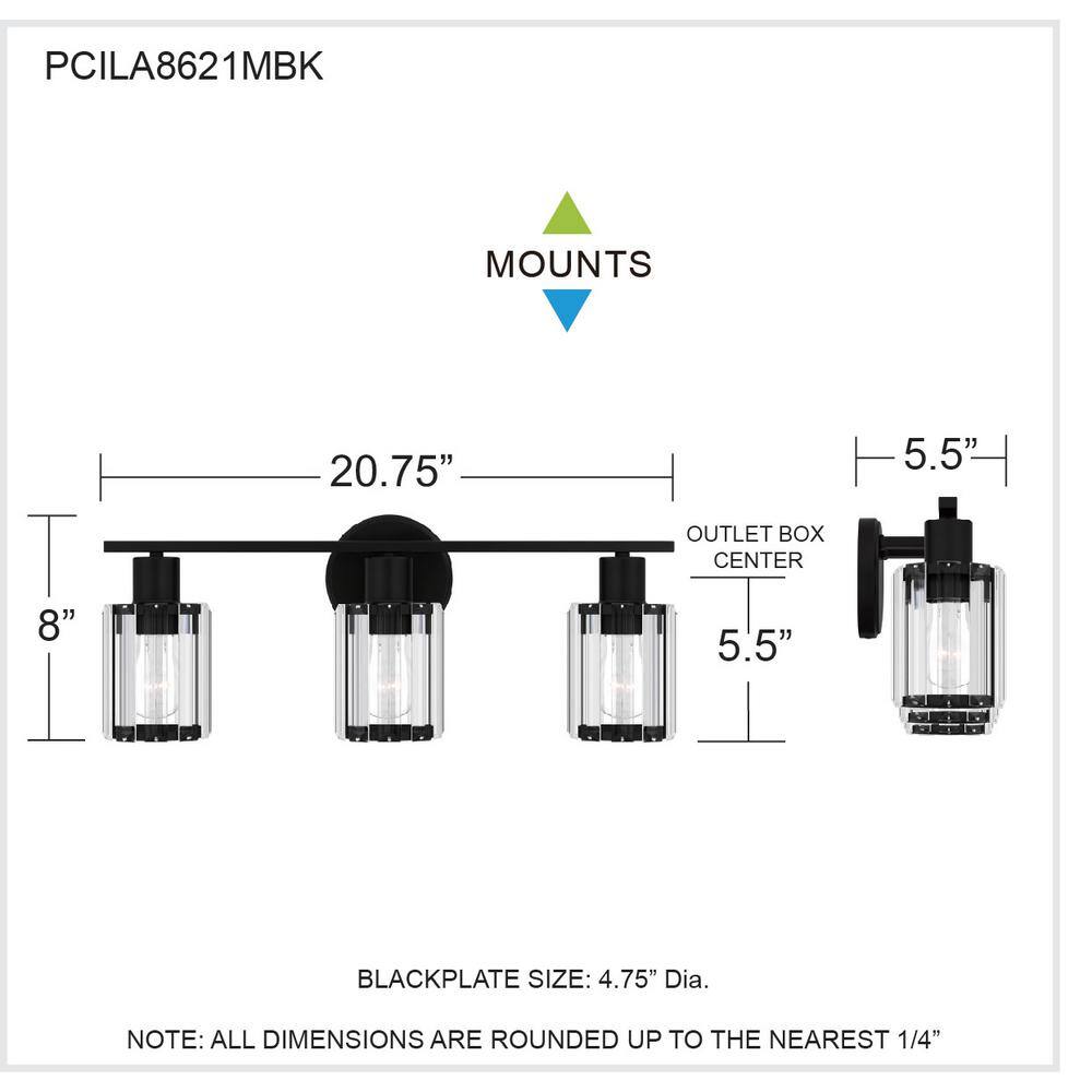 Isla Matte Black 3-Light Crystal Vanity Fixture