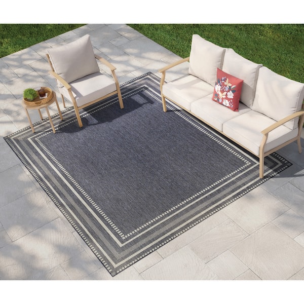 Blue/White 8 ft. x 10 ft. Dot Border Indoor/Outdoor Area Rug