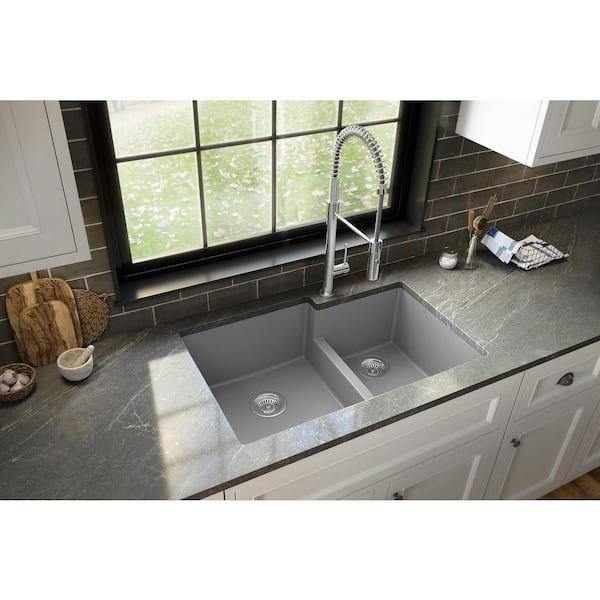 34 L x 21 W 70/30 Double Bowl Undermount Kitchen Sink Low Divider with  Grid