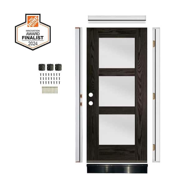 DIY RTA Kit Modern 36" x 80 in. 3-Lite RH Inswing Frosted Glass Baby Grand Stain Fiberglass Ready to Assemble Front Door