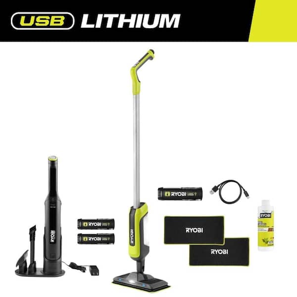 USB Lithium Cordless Agitating Spray Mop Kit and Compact Hand Vacuum Cleaner Kit with 3 Batteries, and 2 Charging Cables