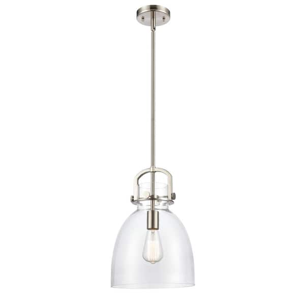 Newton Bell 100-Watt 1 Light Satin Nickel Shaded Pendant Light with Clear glass Clear Glass Shade