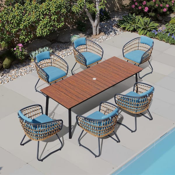 7-Piece 80in. Walnut Metal Wood-Like Patio Outdoor Dining Set with Umbrella Hole, Faux Rattan Wicker Blue Cushion Chairs
