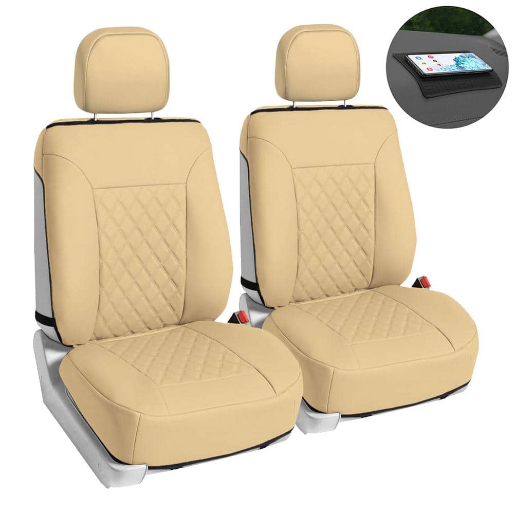 Beige Luxury PU Leather Car Seat Covers Full Surrounded Seat Cushions w/  Pillows