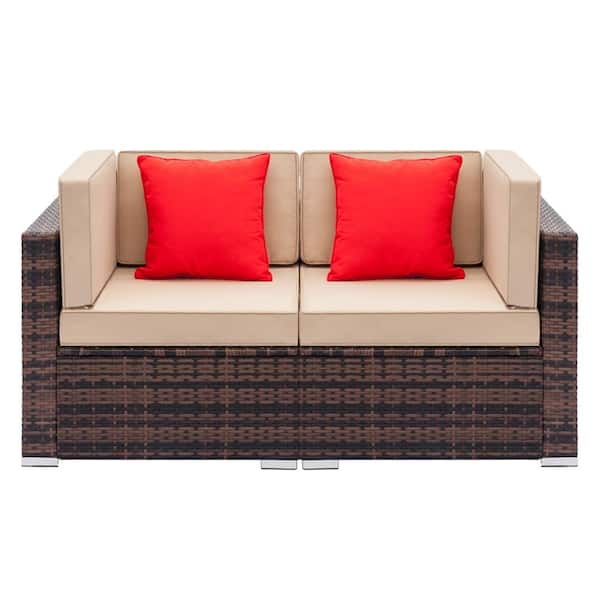 Wateday Patio Wicker Outdoor Loveseat with Beige Cushions