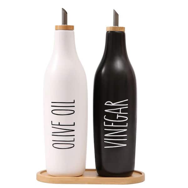16.9 oz. Ceramic Olive Oil and Vinegar Dispenser Set with Bamboo Cap and Stainless Steel Spout