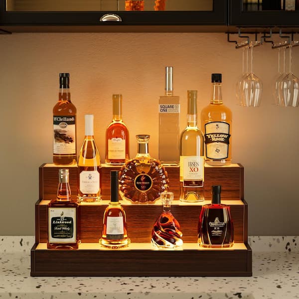 CH 11 in. H x 24 in. W 10-Bottle Walnut Engineered Wood Bar Shelves,LED Lighted Liquor Bottle Display Shelf