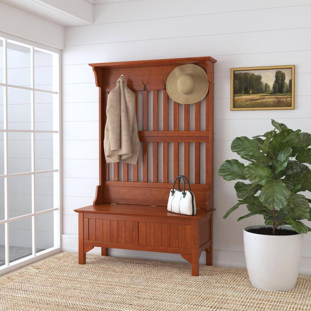 Cottage Oak Hall Tree with Brass Hooks and Storage Bench
