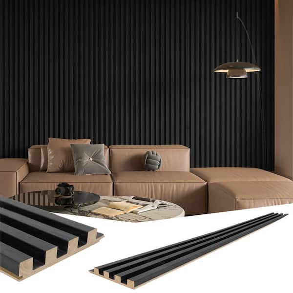 Matte Black 2/3in. x 1/2ft. x 8-1/2ft. Slat Solid Wood Decorative Wall Paneling for Interior, 4-Pack Covers 16 sq.ft..