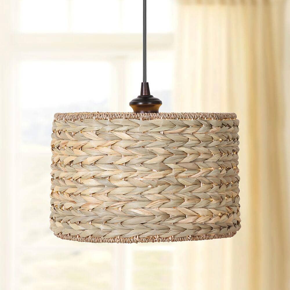 Bronze LED Drum Pendant with Seagrass Shade