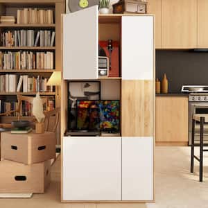 63 in. Tall White Wood 5-Shelves Bookcase, Storage Cabinet, Media Storage with 4 Doors and 1 Drawer
