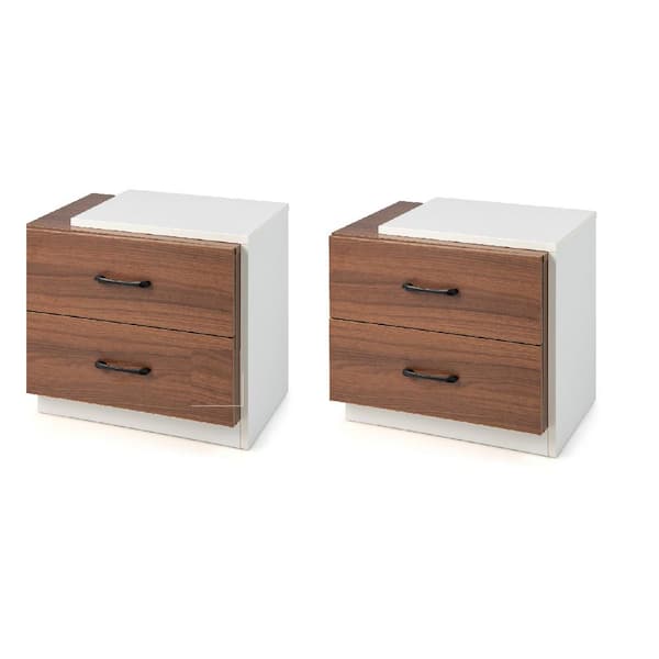 Gymax 2-Pieces 21.5 in. W Rectangle Wood Nightstand Bedside Side End Table with 2-Drawers for Bedroom Living Room