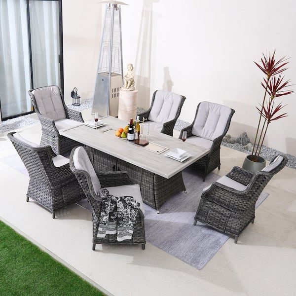 Shanti 7-Piece Gray Wicker Aluminum Outdoor Fire Pit Dining Set with Gray Cushions