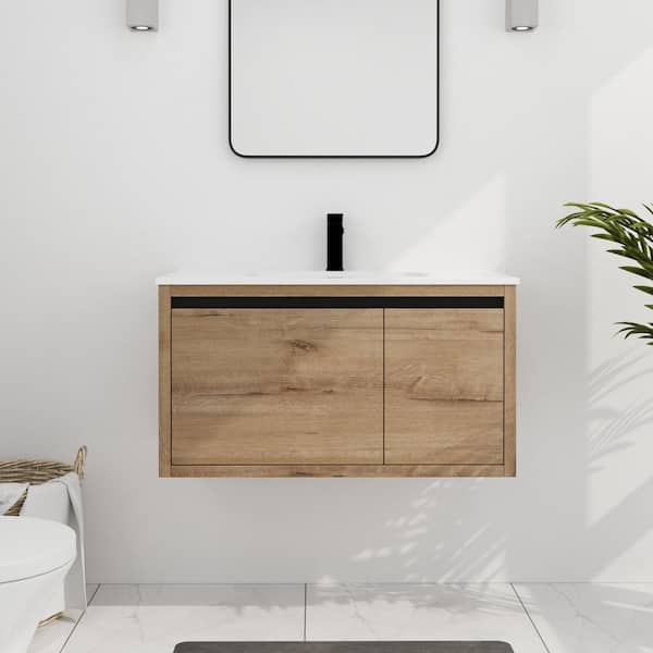 36 in. W x 18 in. D x 19.4 in. H Single Sink Floating Bath Vanity in Imitative Oak with White Cultured Marble Top