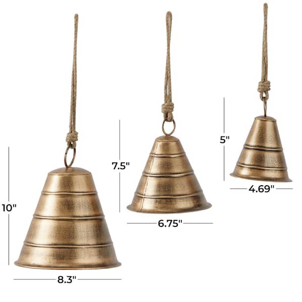 Deco 79 Metal Tibetan Inspired Meditation Decorative Cow Bell with Jute  Hanging Rope, Set of 3 10,8,6H, Gold