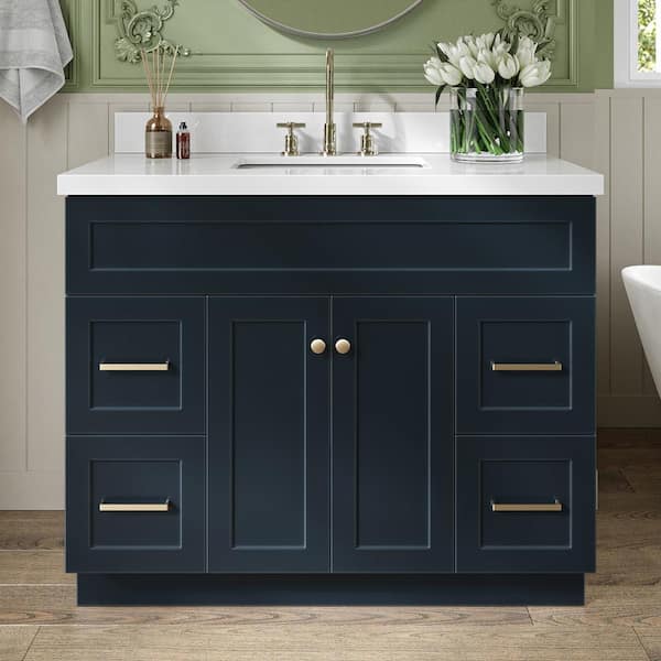 ARIEL Hamlet 43 in. W x 22 in. D x 36 in. H Freestanding Bath Vanity in Midnight Blue with Pure White Quartz Top