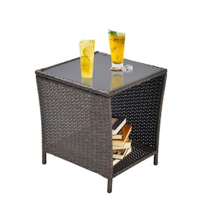 Brown Square Rattan Wicker Outdoor Side Table with Storage Shelf for Porch, Backyard