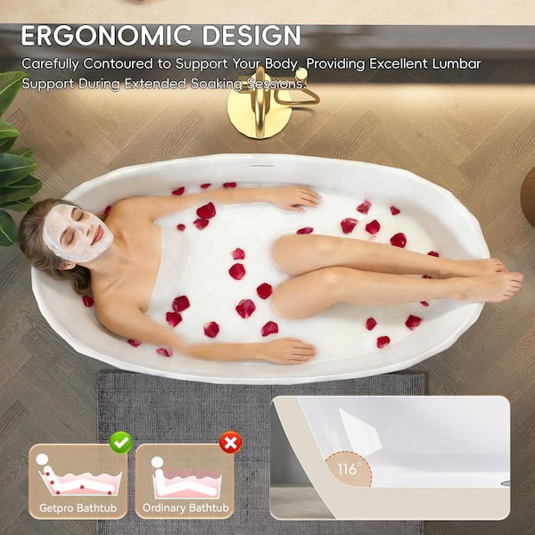 59 in. x 30 in. Freestanding Acrylic Soaking Bathtub with Center Chrome Drain in White Modern Design Geometric Tub