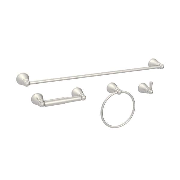 Glacier Bay Lisbon 4-Piece Bath Hardware Set with Towel Ring, Toilet Paper Holder, Robe Hook and 24 in. Towel Bar in Brushed Nickel