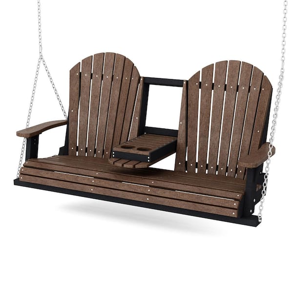 Heritage 2-Person Tudor Brown and Black HDPE Plastic Porch Swing with Console