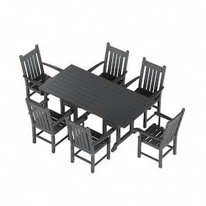 Hayes 7-Piece HDPE Plastic All Weather Outdoor Patio Trestle Table Dining Set with Armchairs in Gray