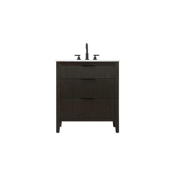 30 in. Single Sink Freestanding Chocolate Oak Bath Vanity with Marble White Engineered Marble Top