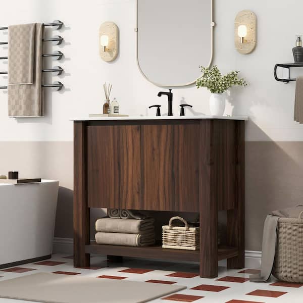CHRISTOPHER KNIGHT HOME Beaumont 35.5 in. Modern Bathroom Antique Brown Wood Cabinet Bath Vanity with White Ceramic Top Sink, Open Shelf