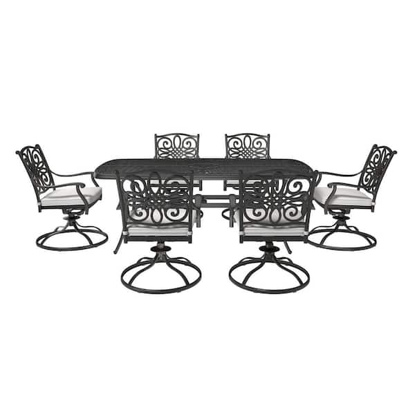 7-Piece Cast Aluminum Outdoor Dining Table Set with Diagonal Flower-Shaped Dining Chairs and Gray Cushions