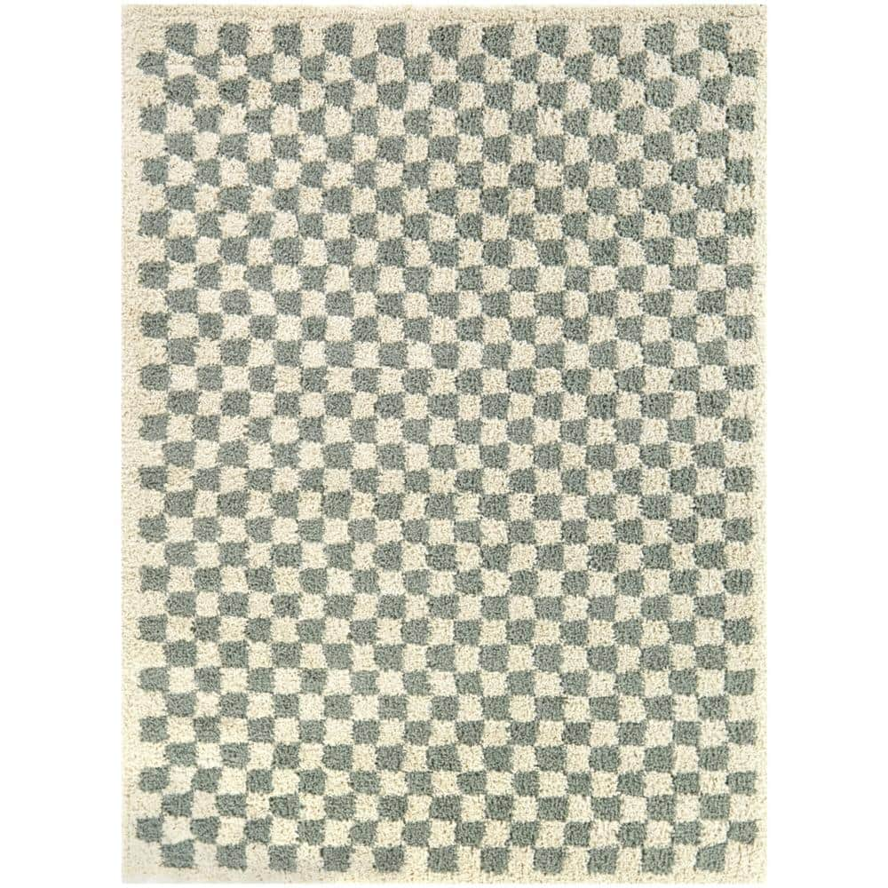 Balta Covey Plush Checkered Thick Shag Area Rug Sage 7 10  x 10  8  x 10  Ivory  Sage  Off-White