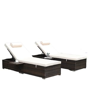 Set of 2 Wicker Outdoor Chaise Lounge with Elegant Reclining Adjustable Backrest and Removable Cushions-Brown+Beige