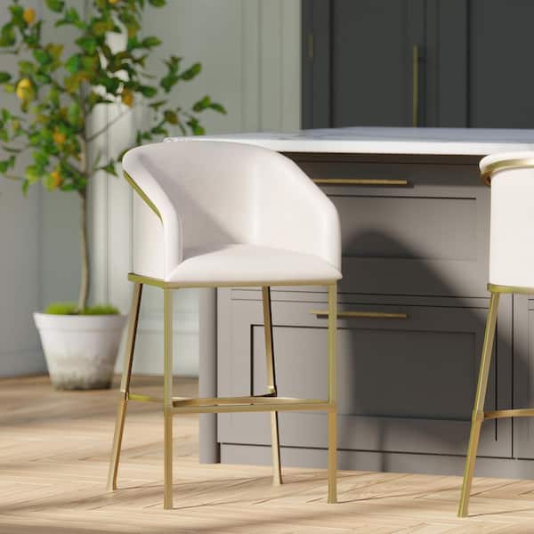 Hampton 31 in. H Gold Low-Back Metal Bar Stool with White Faux Leather Seat, One Stool