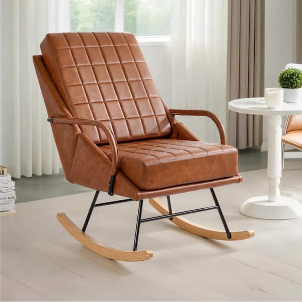 VECELO Brown Rocking Chair Nursery Leather Glider Rocker with High Backrest, Upholstered Ergonomic Rocker