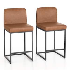 24 in. Brown PU Leather Counter Height Bar Stool with Metal Frame, Set of 2