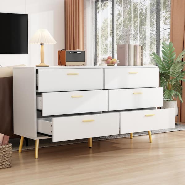6-Drawers White Wood Chest of Drawer Accent Storage Cabinet Organizer With  Metal Leg 54.1 in. W x 15.6 in. D