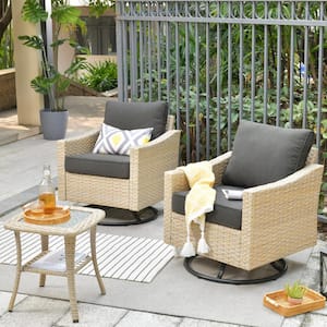 Oconee Beige 3-Piece Wicker Outdoor Patio Conversation Swivel Rocking Chair Set with Black Cushions