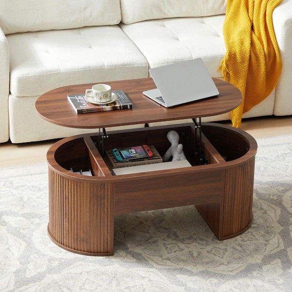ATHMILE 39.37 in. Walnut Oval MDF Coffee Table with Storage Space