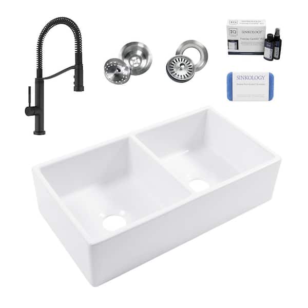 Turner 33 in. Farmhouse Apron Front Undermount Double Bowl White Fireclay Kitchen Sink with Bruton Black Faucet Kit