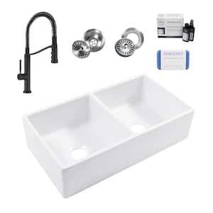 Turner 33 in. Farmhouse Apron Front Undermount Double Bowl White Fireclay Kitchen Sink with Bruton Black Faucet Kit
